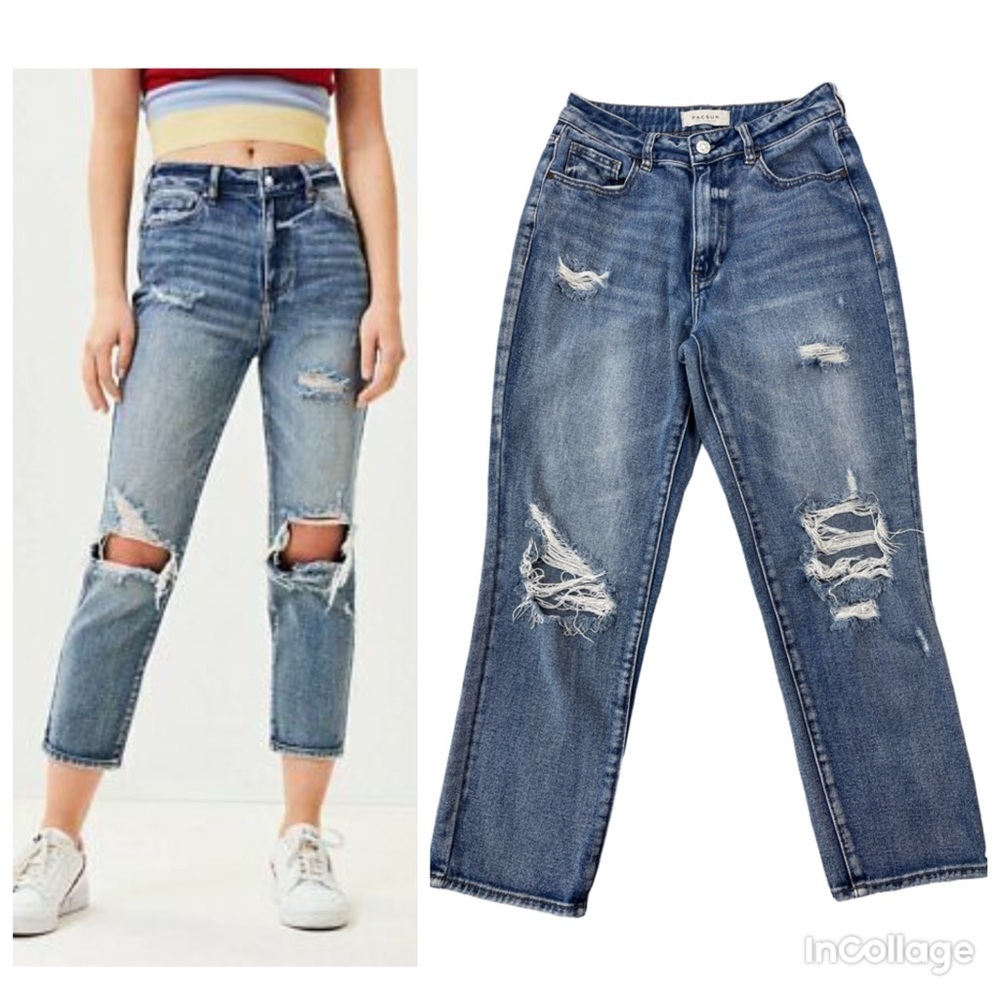 PacSun Woman’s Distressed Medium Blue Wash Hi-rise Mom Jeans 100% cotton Size 26